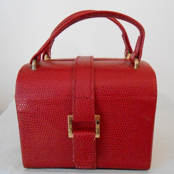 VTG Red Pebbled Leather Double Handled Jewelry Case-Divided Sections Mirror-Nice - Picture 1 of 10
